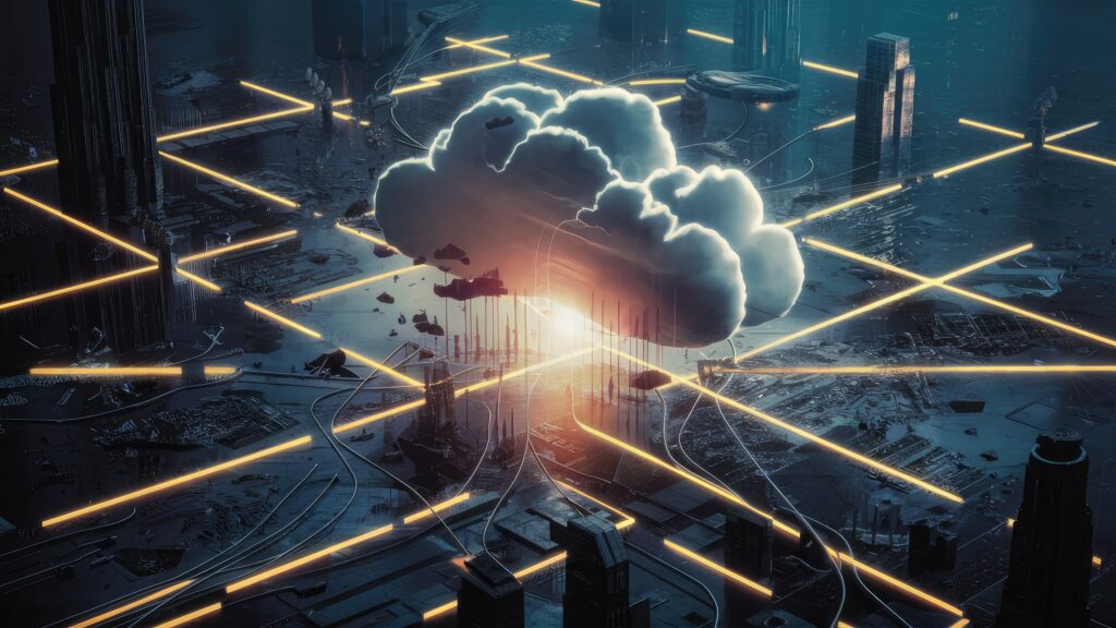 A futuristic digital landscape with a glowing cloud connected to multiple points across a dark city, symbolizing robust cloud-based data backup and disaster recovery systems