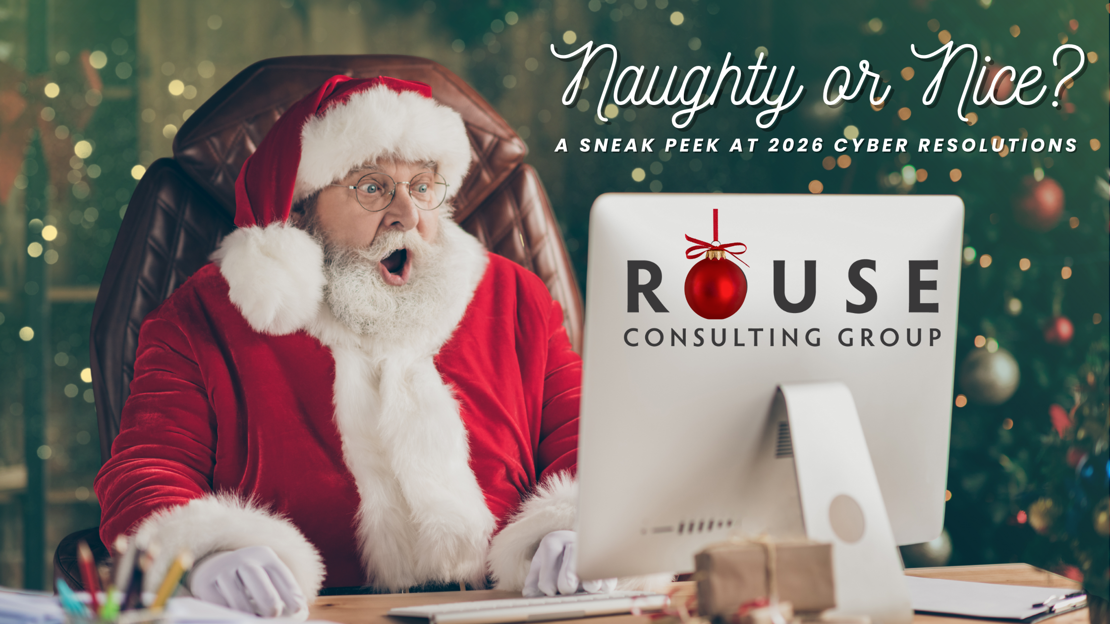 Holiday cybersecurity graphic introducing Cyber Resolutions 2026 Naughty or Nice list.