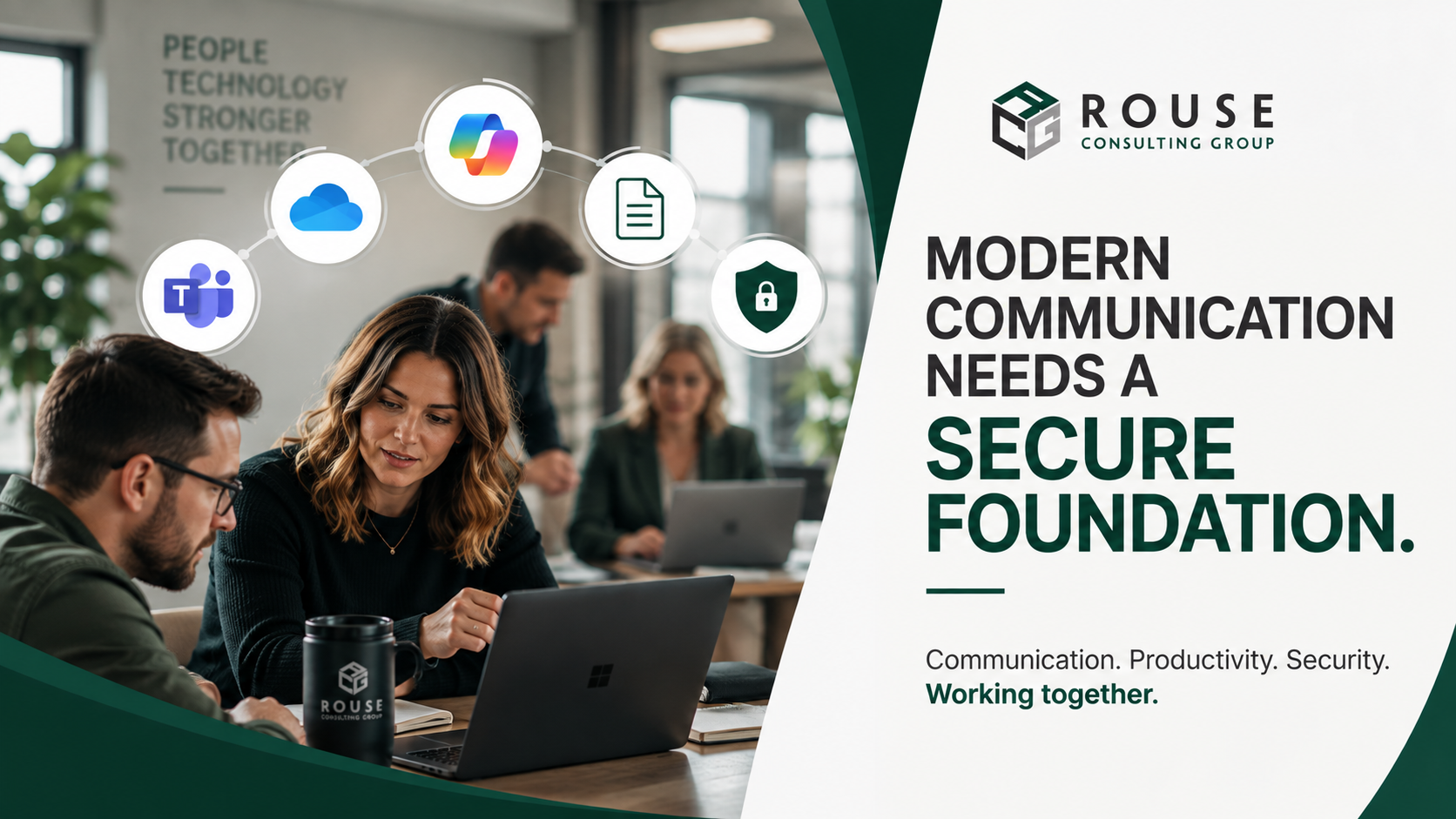 Modern business team using connected communication, Microsoft 365, AI, and security tools in a secure technology environment